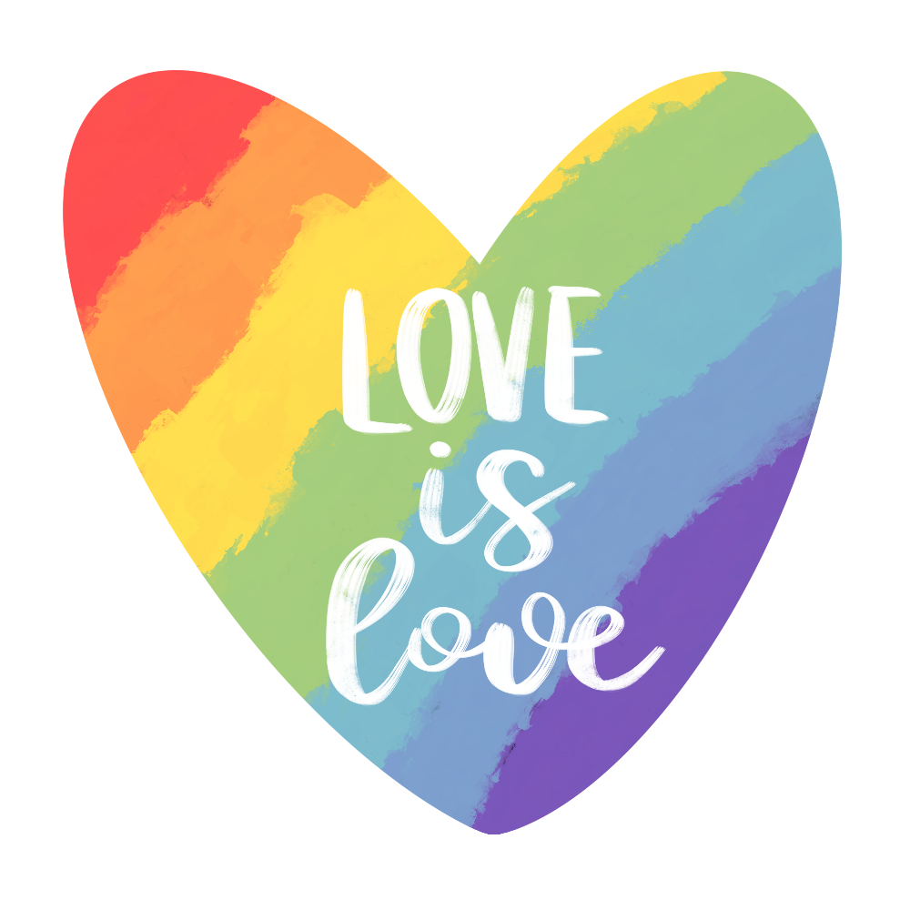 Picture of rainbow heart with text: Love Wins