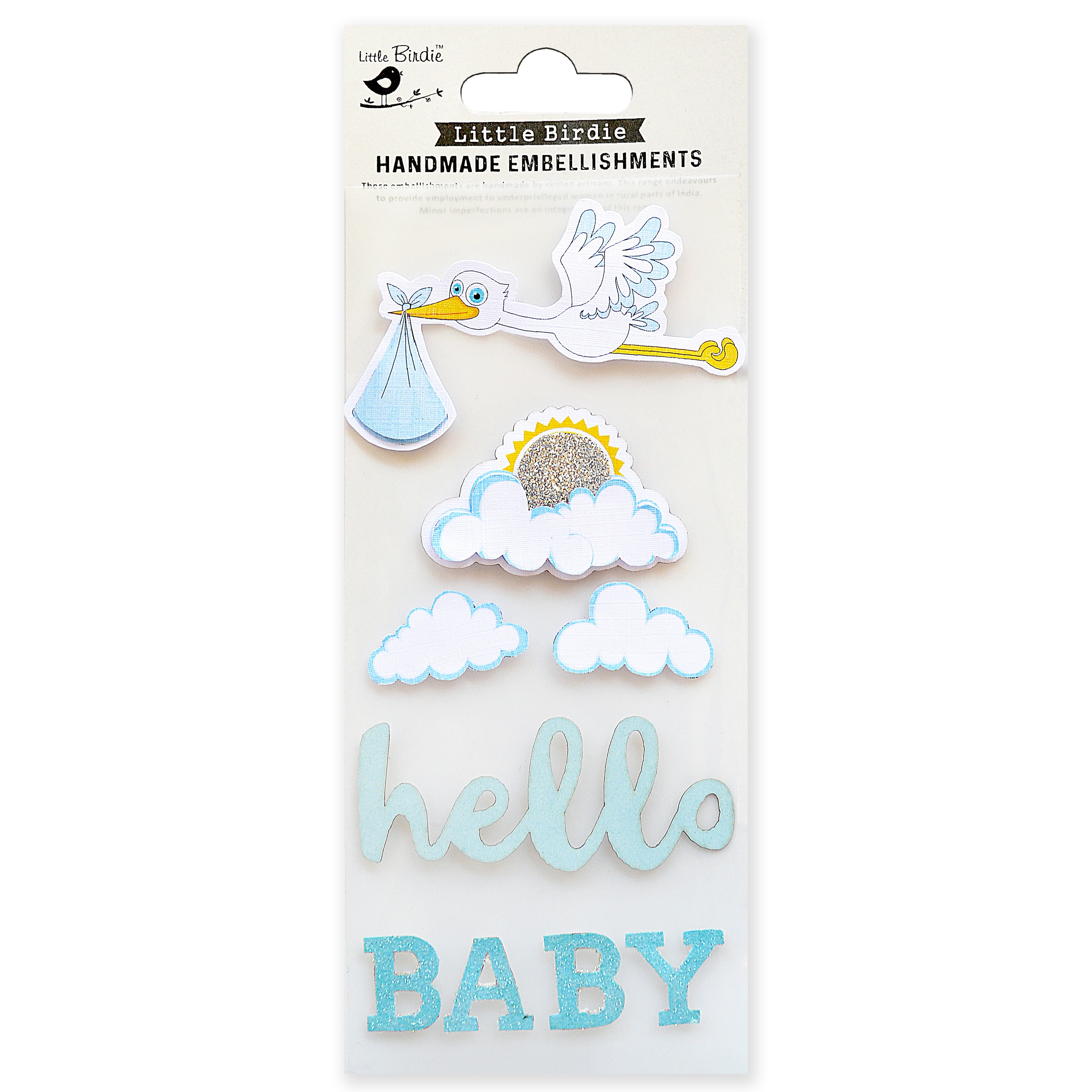 Hello Baby Boy Stork Glitter 3 x 8 Scrapbook Embellishment by Little Birdie