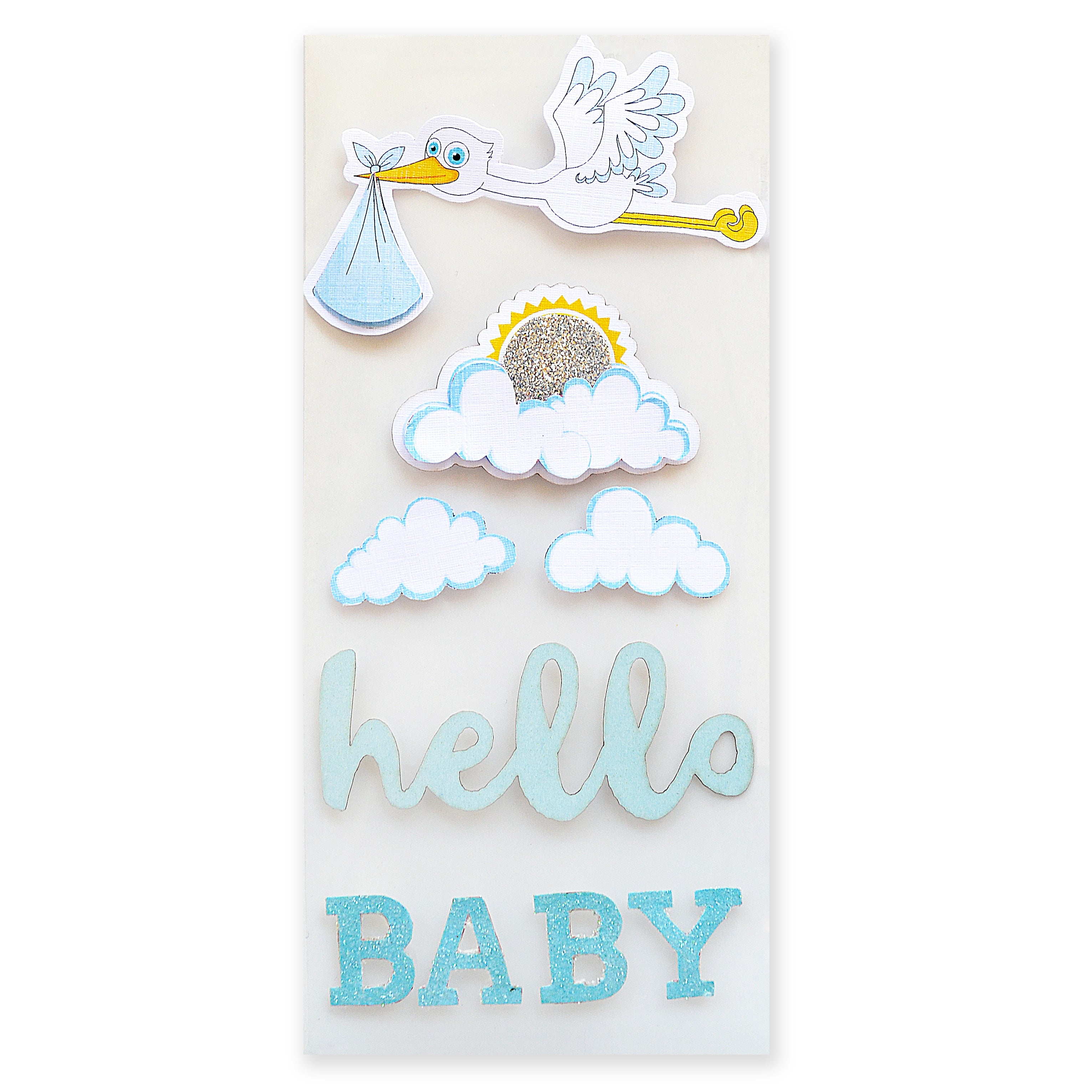 Hello Baby Boy Stork Glitter 3 x 8 Scrapbook Embellishment by Little Birdie