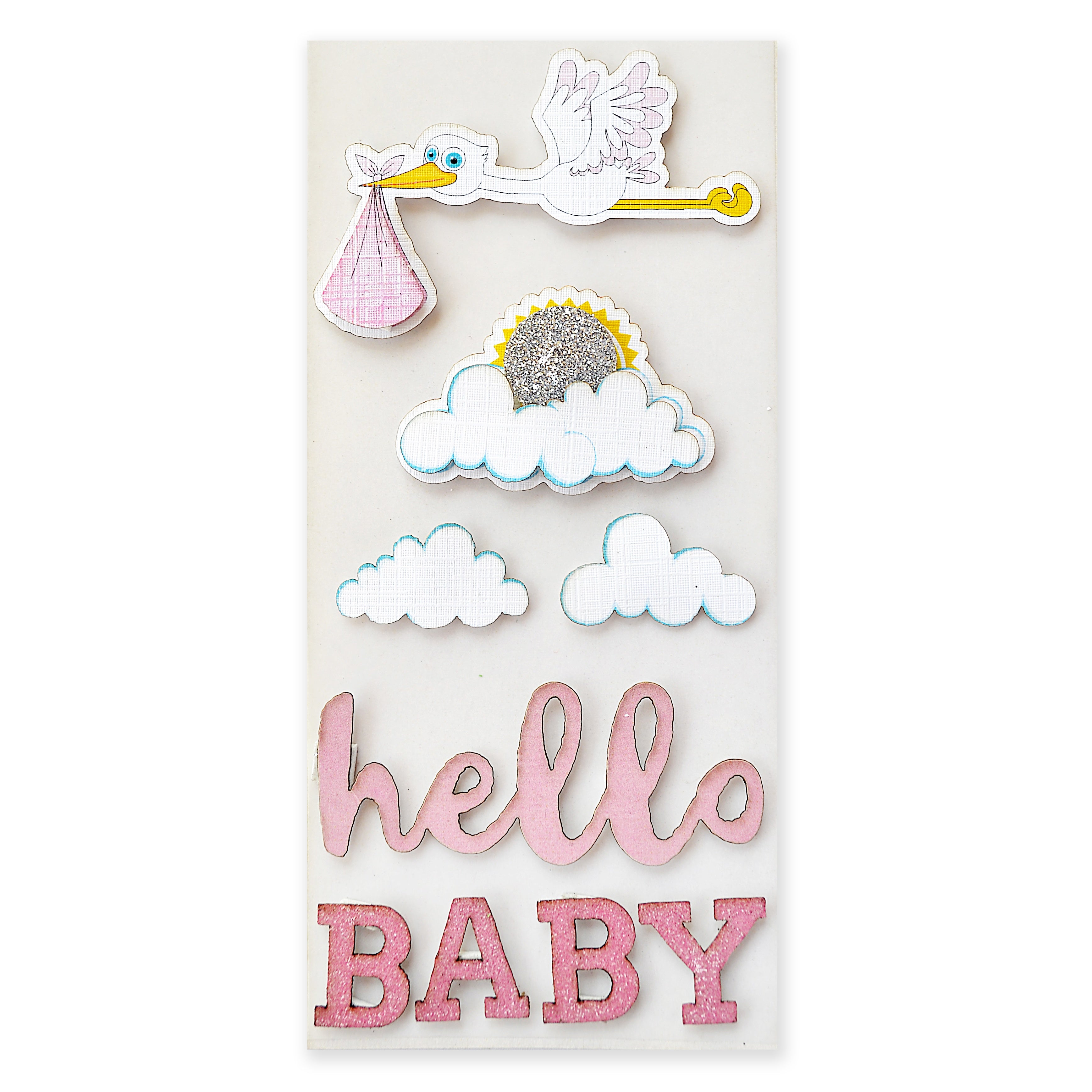 Hello Baby Girl Stork Glitter 3 x 8 Scrapbook Embellishment by Little Birdie