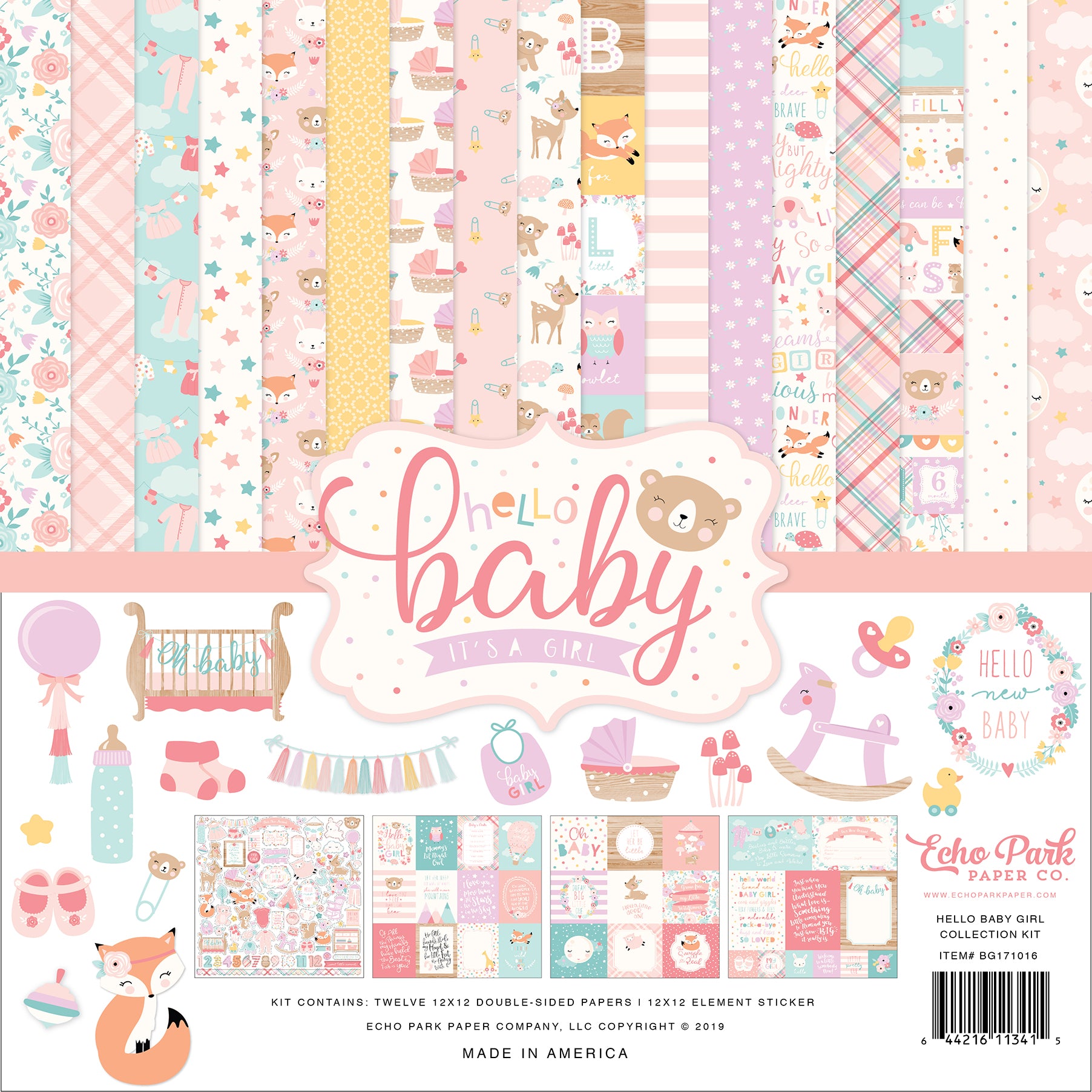 Hello Baby Girl 12 x 12 Scrapbook Collection Kit by Echo Park Paper - 13 Pieces