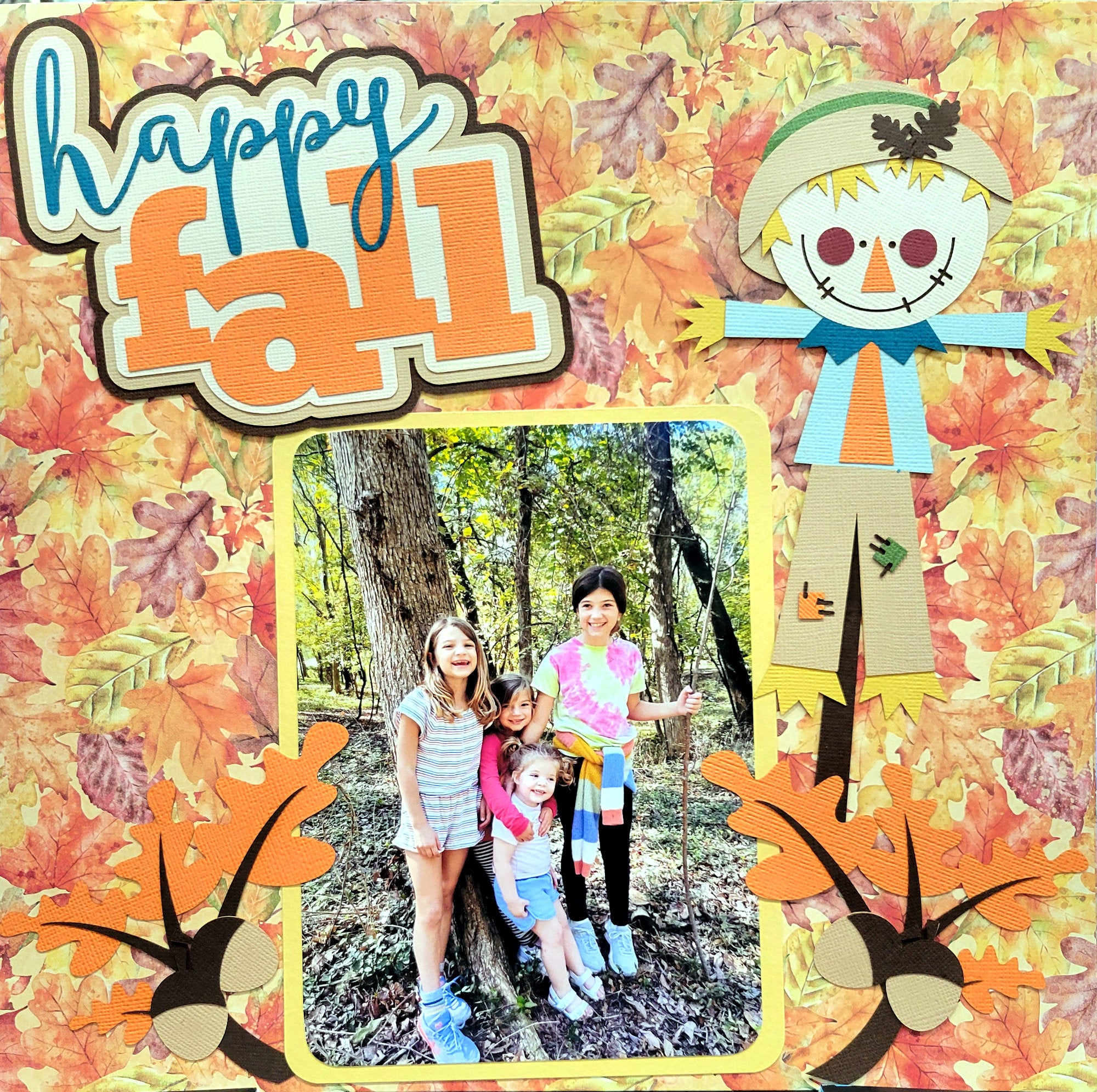 Happy Fall Title 6 x 5 & Scarecrow Fully-Assembled Laser Cut Scrapbook Embellishment by SSC Laser Designs