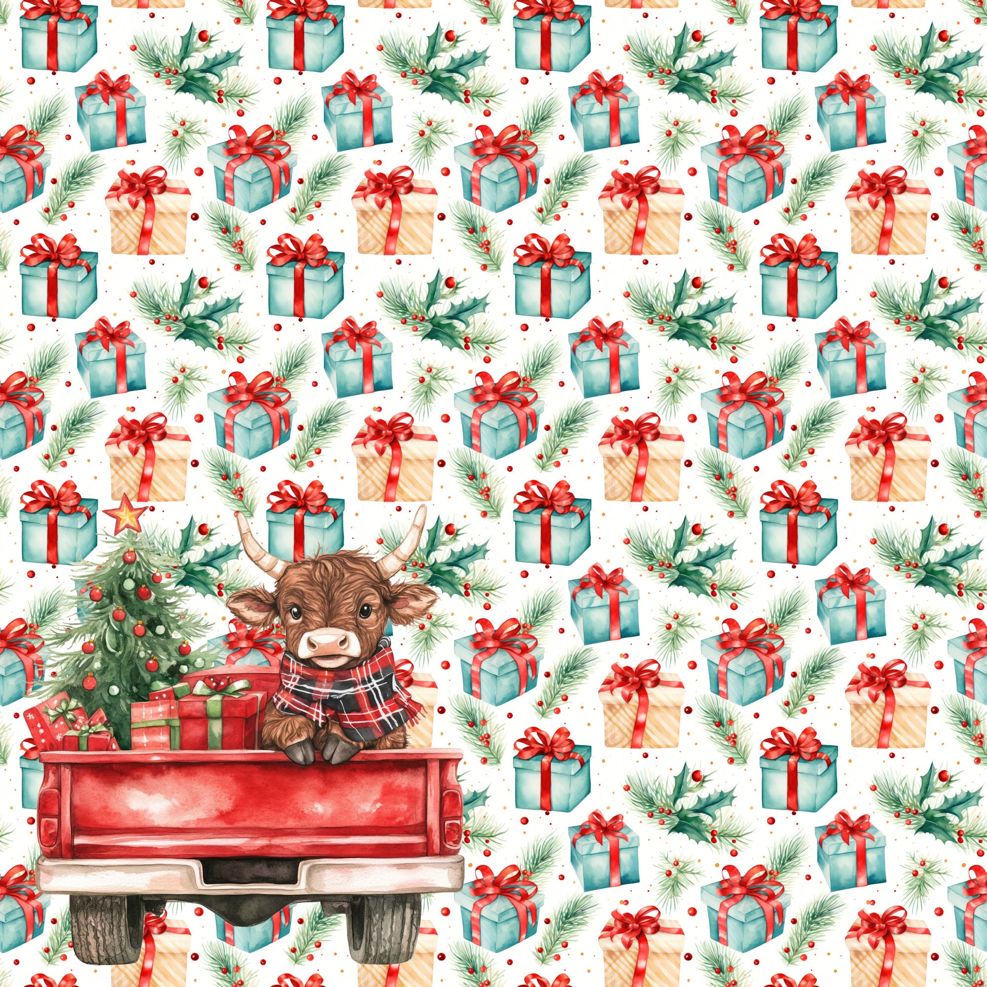 Highland Cow Christmas Collection Delivering Presents 12 x 12 Double-Sided Scrapbook Paper by SSC Designs