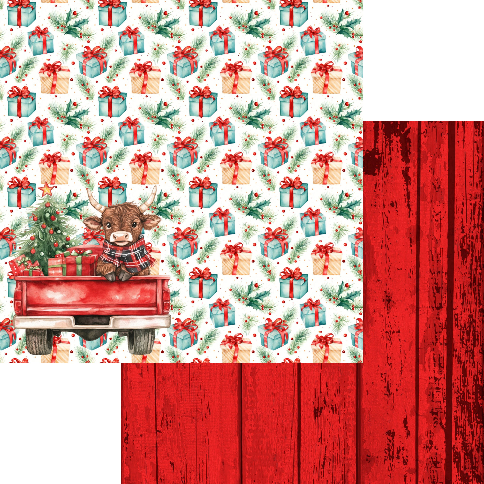 Highland Cow Christmas Collection Delivering Presents 12 x 12 Double-Sided Scrapbook Paper by SSC Designs