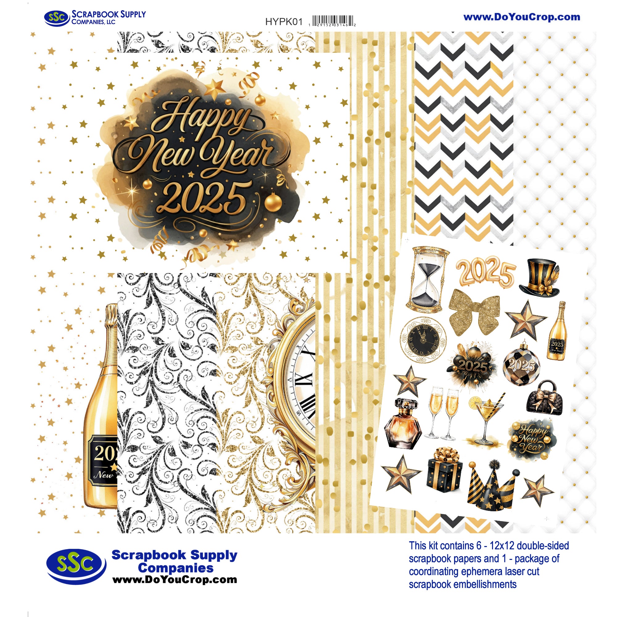 Happy New Year 2025 12 x 12 Scrapbook Paper & Embellishment Kit by SSC Designs