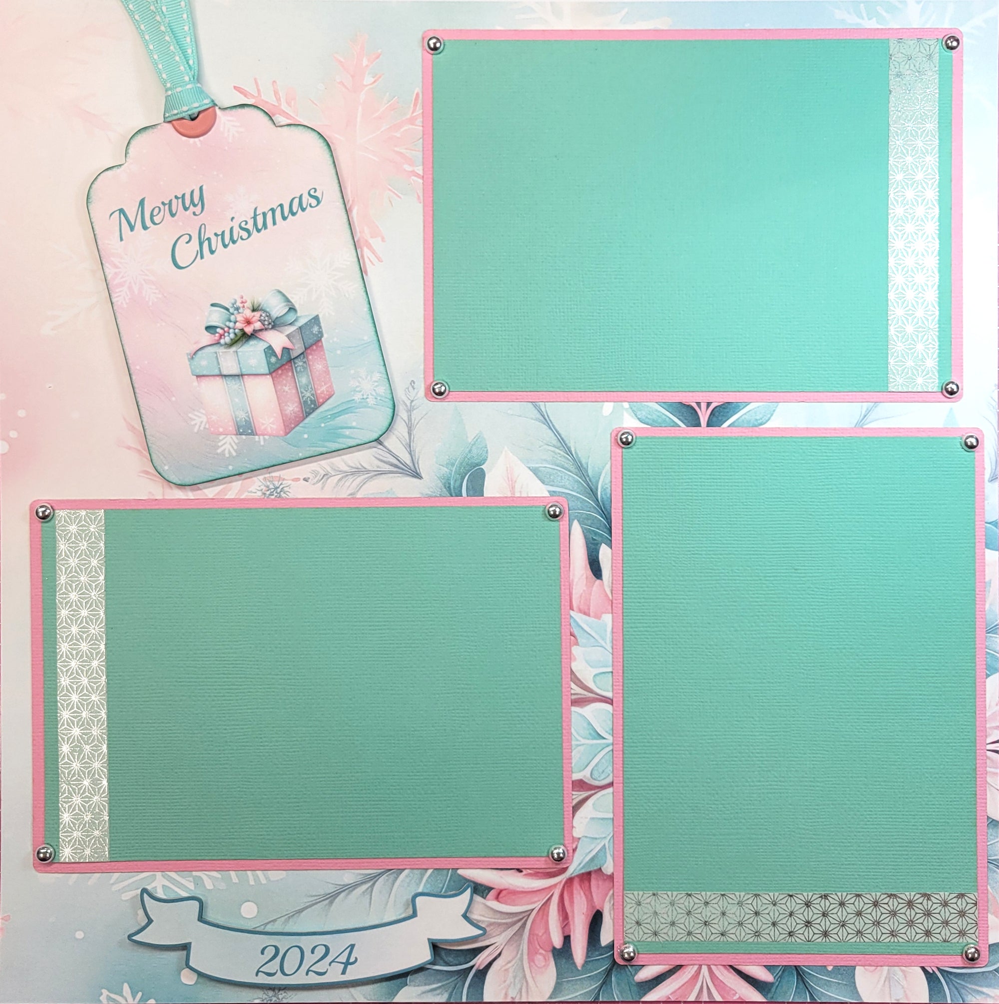 Contemporary Merry Christmas Mint & Pink (2) - 12 x 12 Pages, Fully-Assembled & Hand-Crafted 3D Scrapbook Premade by SSC Designs