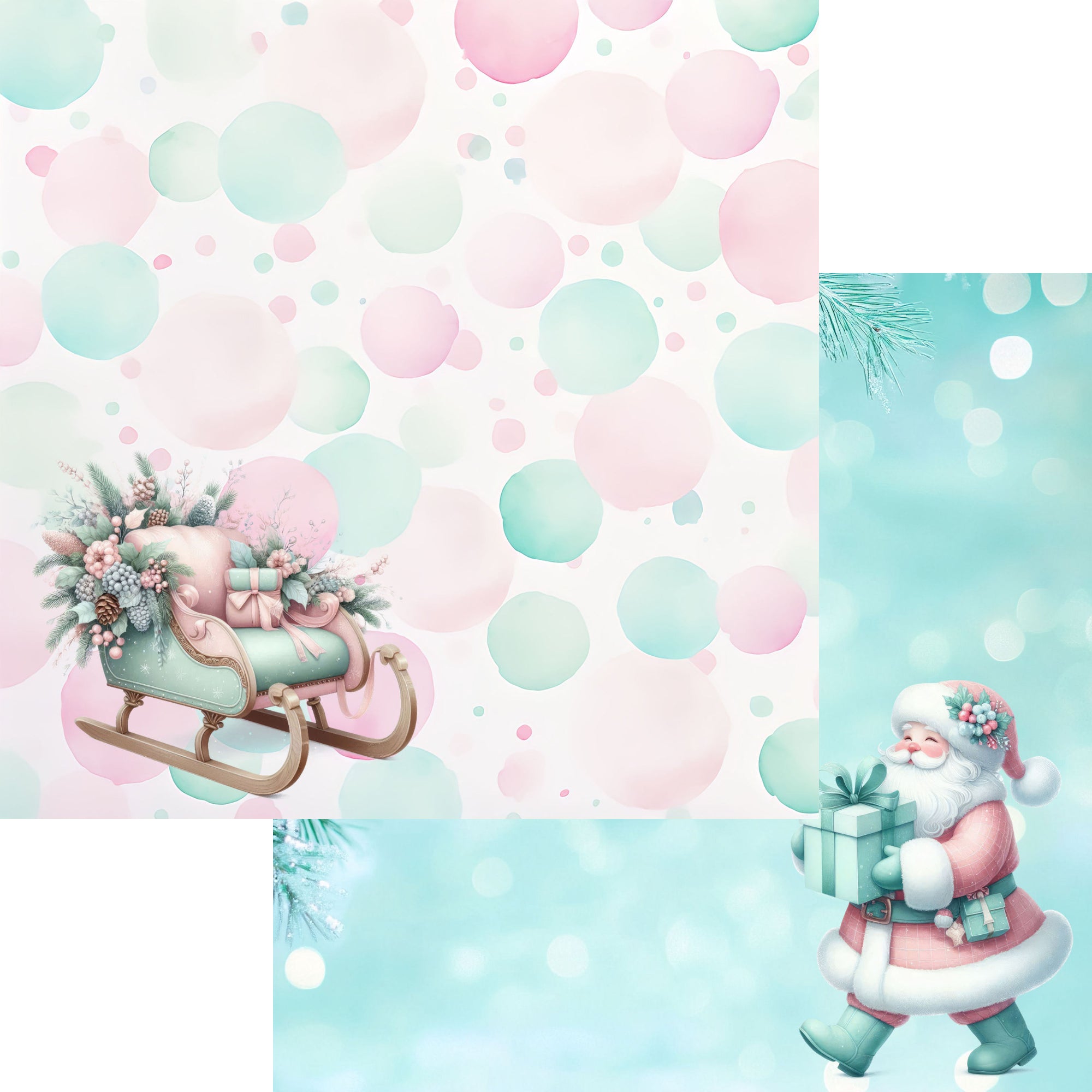 Mint Christmas Collection Santa's Sleigh 12 x 12 Double-Sided Scrapbook Paper by SSC Designs