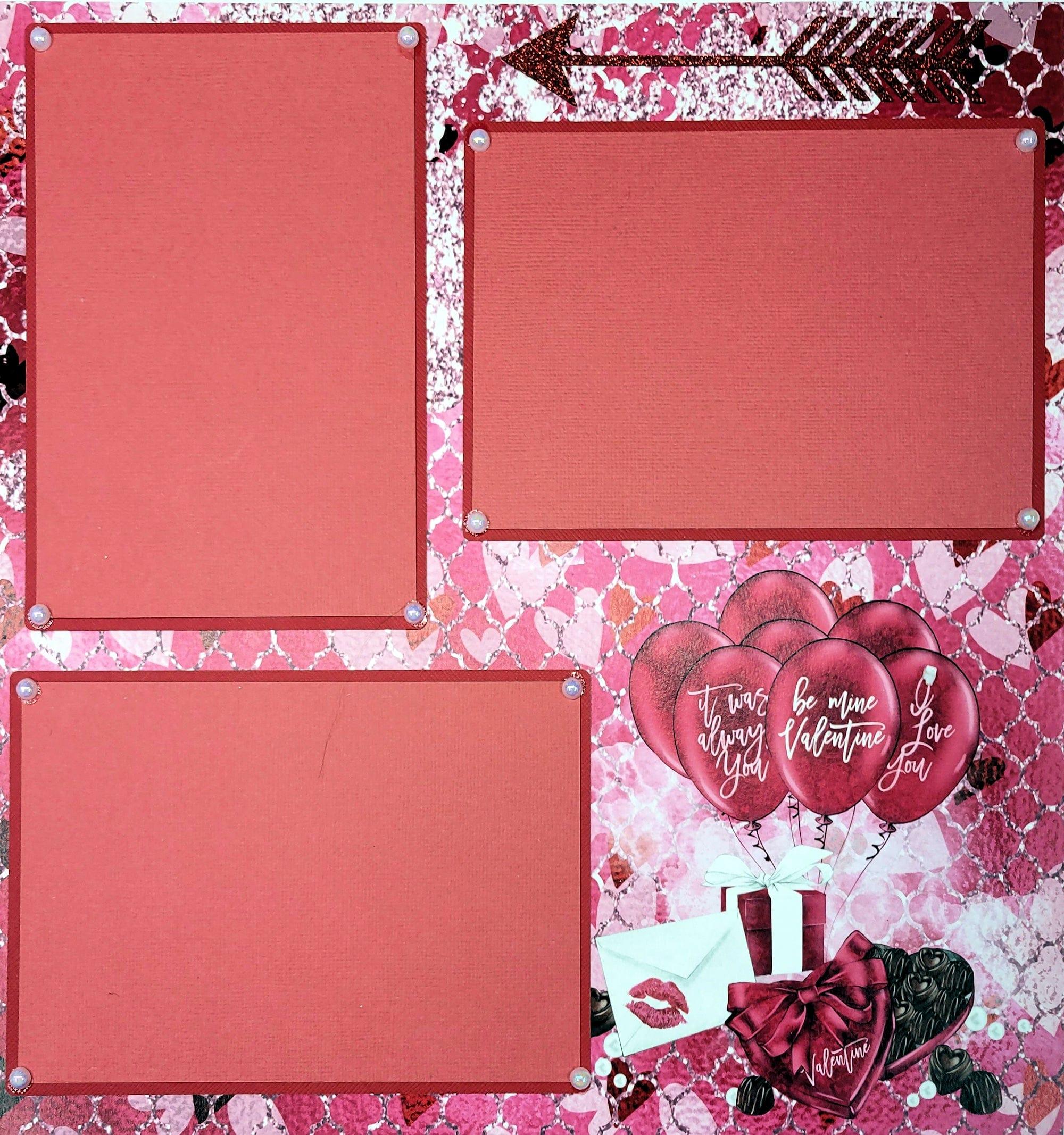 Valentine's Day with Balloons Pre-Made, Hand-Embellished 2- 12 x 12 Scrapbook Page Premades by SSC Designs - Scrapbook Supply Companies